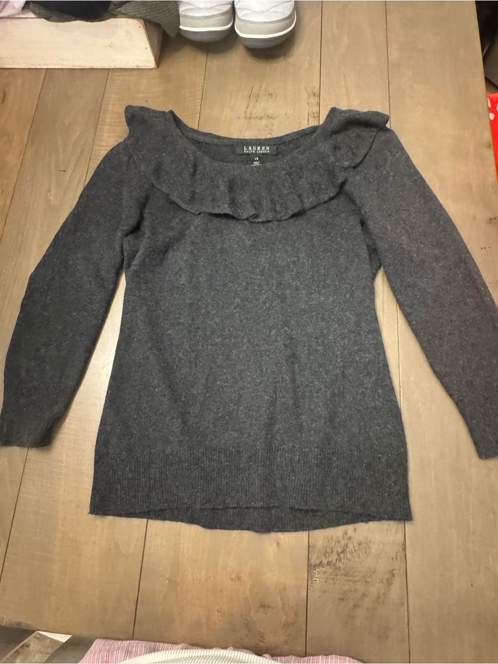 Lauren Ralph Lauren Size XS Ruffle Neckline Gray Sweater Silk & Cashmere